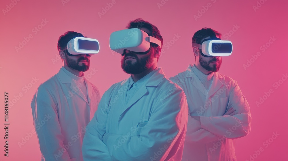 Doctors and pharmaceutical sales representative using VR goggles. Doctors and pharmaceutical sales representative using VR goggles.