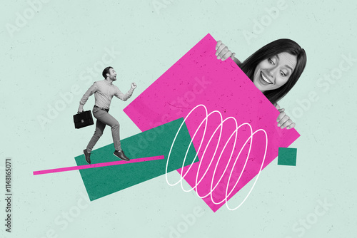 Composite creative art collage of two happy girl guy business partners development path peek drawing figure isolated on painted background photo