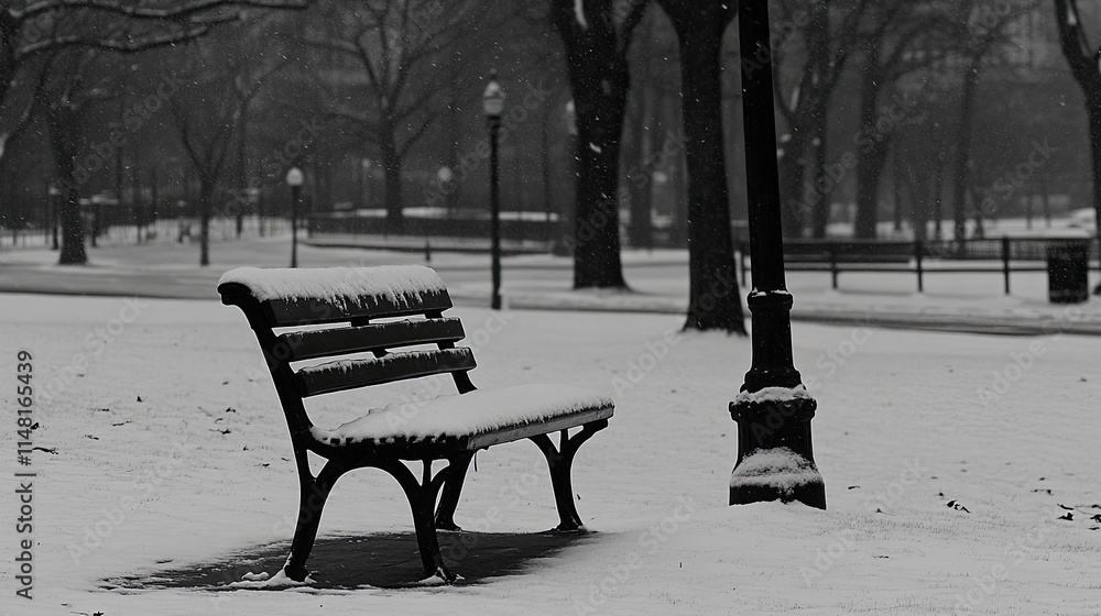 Snowy park bench and lamppost in winter landscape black and white Snowy park bench and lamppost in winter landscape black and white