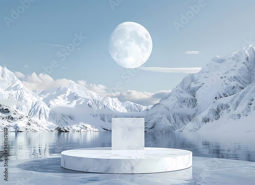 White marble podium on frozen lake with snowy mountains and full moon. photo