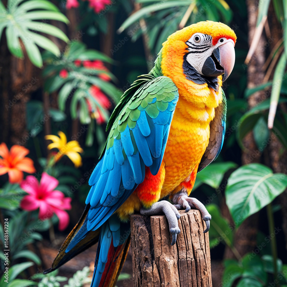 Naklejka premium Vibrant blue and yellow macaw perched on a branch in a lush tropical setting.
