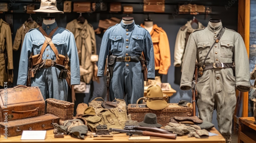 Fototapeta premium Vintage military uniforms, accessories, and luggage displayed on mannequins and a table.