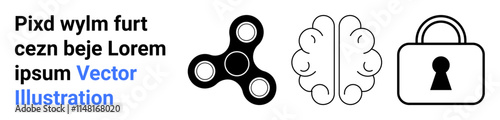 Fidget spinner alongside a brain outline and lock icon. Ideal for stress relief, mental health, security, education, brainstorming, solution planning, creative thinking. Landing page