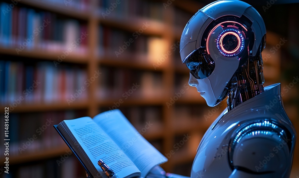 Robot reading a book in a library. Robot reading a book in a library.