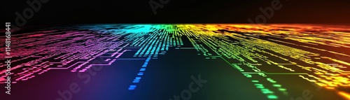 Colorful digital landscape with vibrant, flowing data patterns and abstract elements, CI pipeline workspace visualization photo