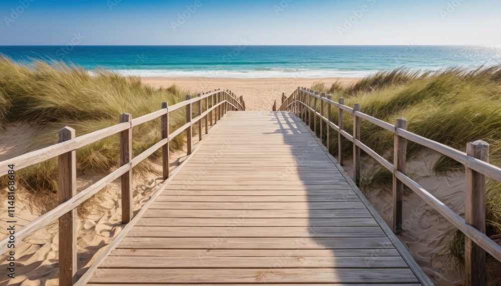 wooden way to the romantic beach at the sea with dunes and waves wooden way to the romantic beach at the sea with dunes and waves
