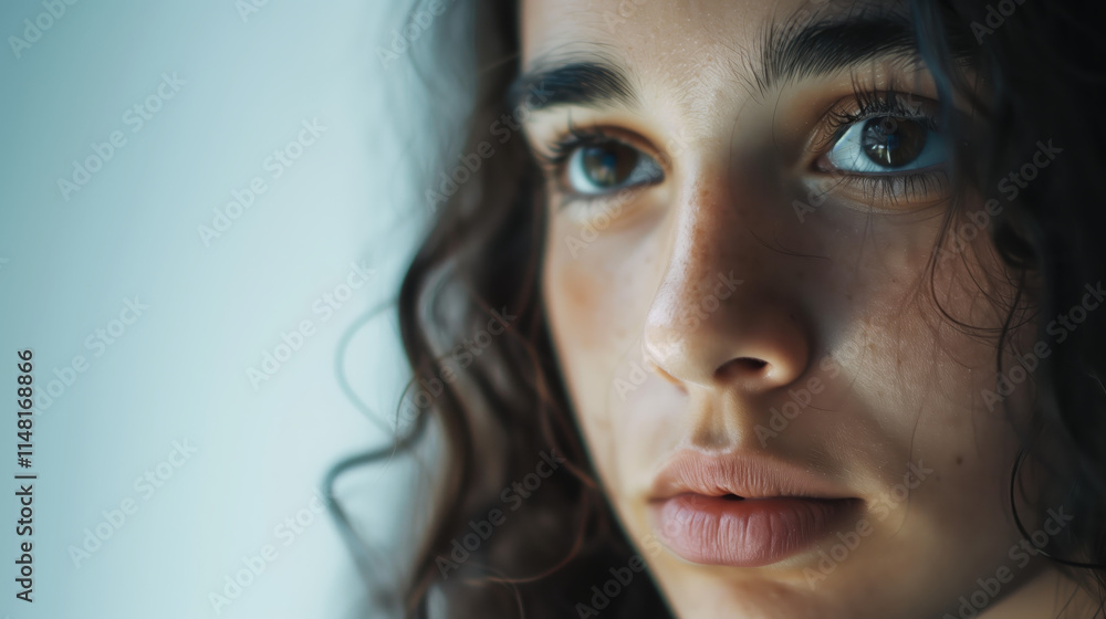 Fototapeta premium Close-Up Portrait of Thoughtful Woman with Curly Hair Looking Away in Natural Light, Expressing Deep Emotion