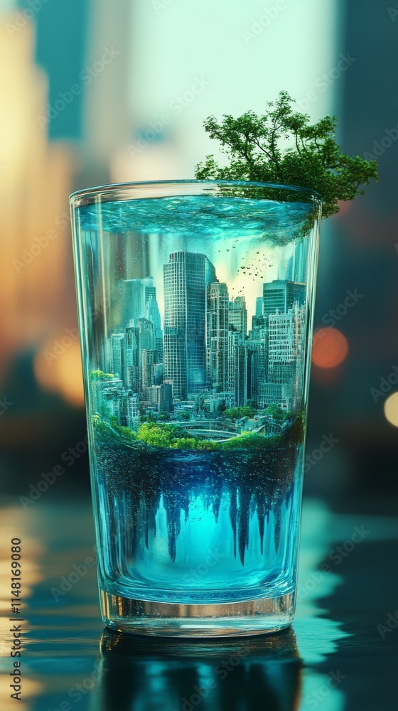 A glass of water with a tree on top of it. The glass is half full and the water is blue A glass of water with a tree on top of it. The glass is half full and the water is blue