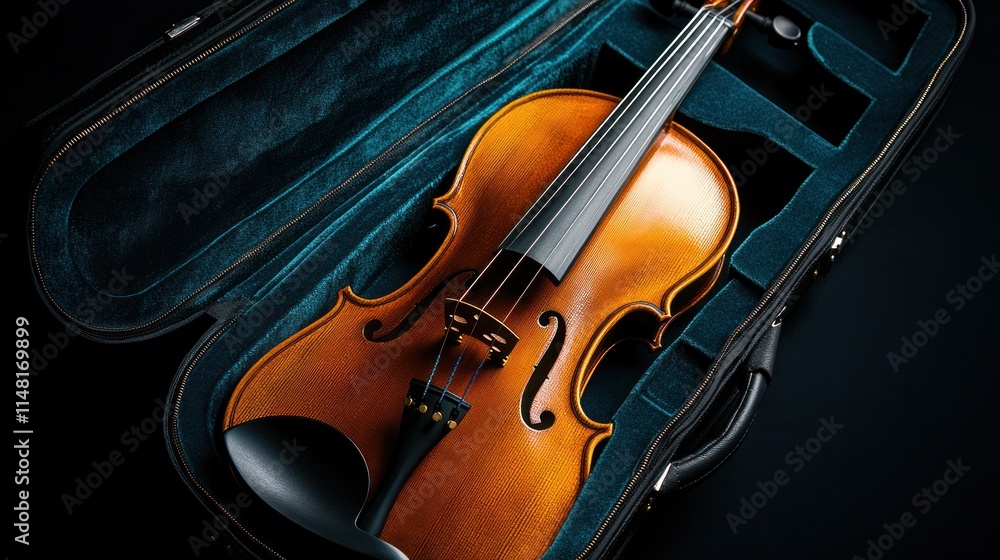 A polished violin rests inside its dark teal case, ready for a performance. A polished violin rests inside its dark teal case, ready for a performance.