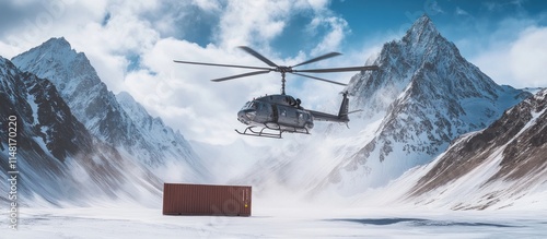 Helicopter delivering cargo container in snowy mountains. photo