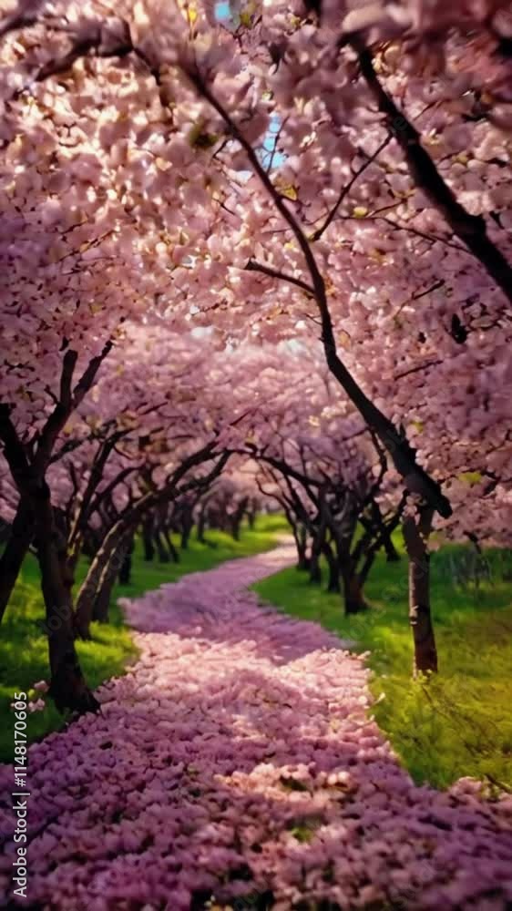 Spring Cherry Blossom Grove, A serene grove of cherry blossom trees in full bloom, petals gently drifting in the wind, 4k High-Quality Wallpaper Background Animation Video Spring Cherry Blossom Grove, A serene grove of cherry blossom trees in full bloom, petals gently drifting in the wind, 4k High-Quality Wallpaper Background Animation Video
