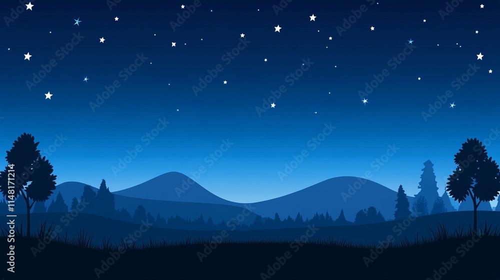 Naklejka premium Serene Night Landscape with Starry Sky and Silhouetted Trees
