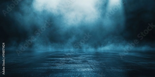 Dark street, wet asphalt, reflections of rays in the water. Abstract dark blue background, smoke, smog. Empty dark scene, neon light, spotlights. Concrete floor 