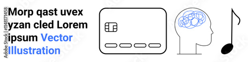 Text snippet beside icons representing technology, human brain activity, and music note. Ideal for technology, neuroscience, AI, cognitive science, fintech, educational and creative industries