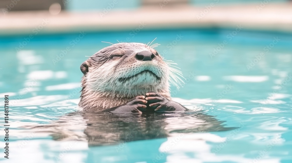 Fototapeta premium Serene Otter in Pool, Peaceful Aquatic Mammal Contemplation