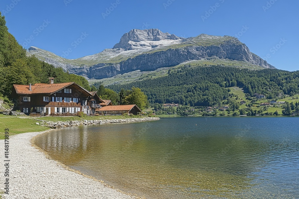 Fototapeta premium Mountain valley during sunset. Natural summer mountain landscape. Forest and mountans. Mountain-image... Beautiful simple AI generated image