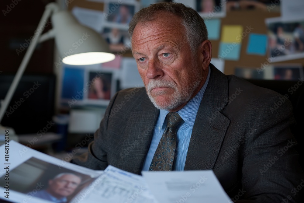 A thoughtful senior man is seen deep in thought at his desk in a cluttered office space, surrounded by photographs and important documents reflecting his professional life. A thoughtful senior man is seen deep in thought at his desk in a cluttered office space, surrounded by photographs and important documents reflecting his professional life.