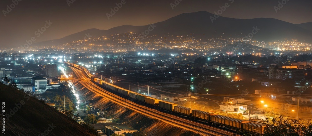 Fototapeta premium Night cityscape with illuminated train tracks and cargo train.