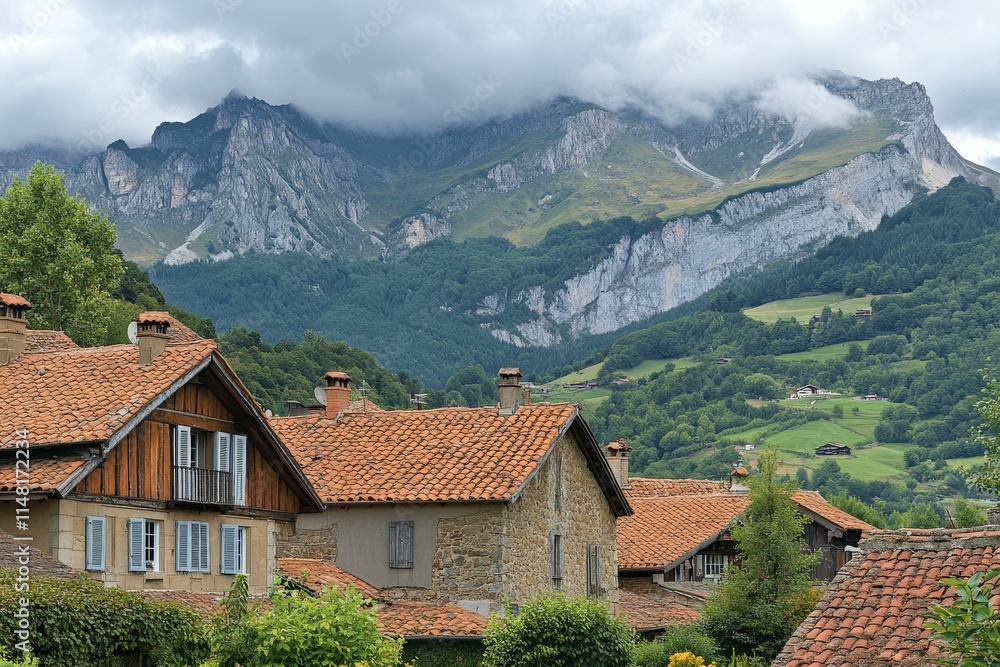 Beautiful panorama view of mid-high green mountains in Vosges, France. . Beautiful simple AI generated image Beautiful panorama view of mid-high green mountains in Vosges, France. . Beautiful simple AI generated image