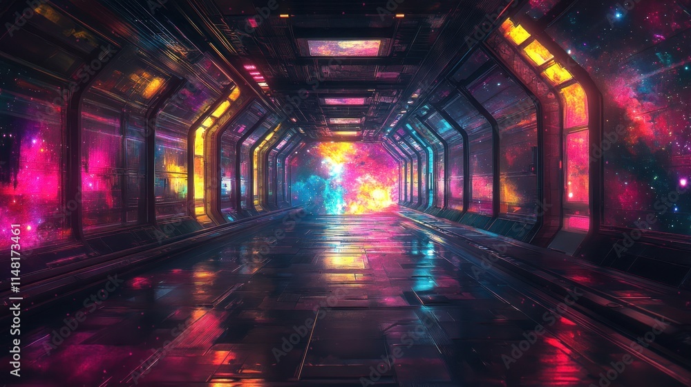 Futuristic spaceship corridor with vibrant nebulae viewed through large windows. Futuristic spaceship corridor with vibrant nebulae viewed through large windows.