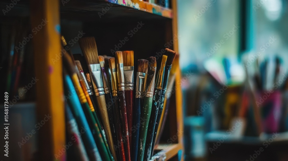 Close-up of various paintbrushes organized on a wooden shelf. Close-up of various paintbrushes organized on a wooden shelf.