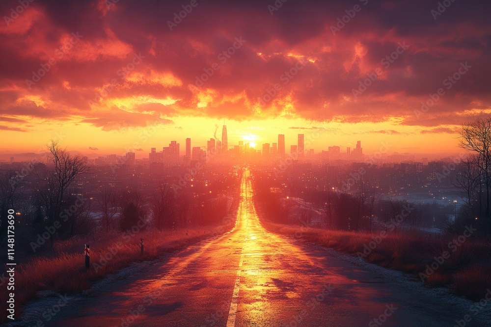 A vibrant sunset illuminates a city skyline along a reflective road. A vibrant sunset illuminates a city skyline along a reflective road.