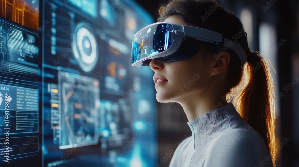 Futuristic Hungarian Female in Virtual Reality Helmet with Graphic Elements on Background Futuristic Hungarian Female in Virtual Reality Helmet with Graphic Elements on Background