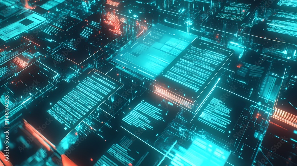 Futuristic Abstract Digital Environment with Glowing Elements and Data Patterns in Blue and Red Tones Representing Advanced Technology and Virtual Reality Concepts Futuristic Abstract Digital Environment with Glowing Elements and Data Patterns in Blue and Red Tones Representing Advanced Technology and Virtual Reality Concepts