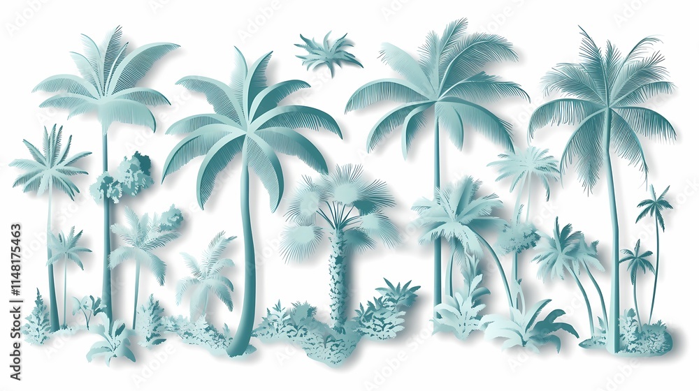 Lush Tropical Foliage with Elegant Palm Trees and Exotic Plants in Soft Teal Color Scheme for Designs, Backgrounds, and Relaxing Environments Lush Tropical Foliage with Elegant Palm Trees and Exotic Plants in Soft Teal Color Scheme for Designs, Backgrounds, and Relaxing Environments