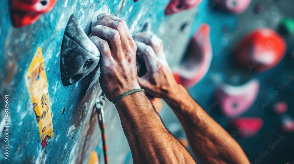 Obraz premium Close-up of hands gripping climbing holds on an indoor climbing wall.