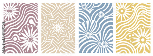Four distinct retro floral patterns combine flowers and abstract lines, creating a vintage inspired design suitable for various backgrounds