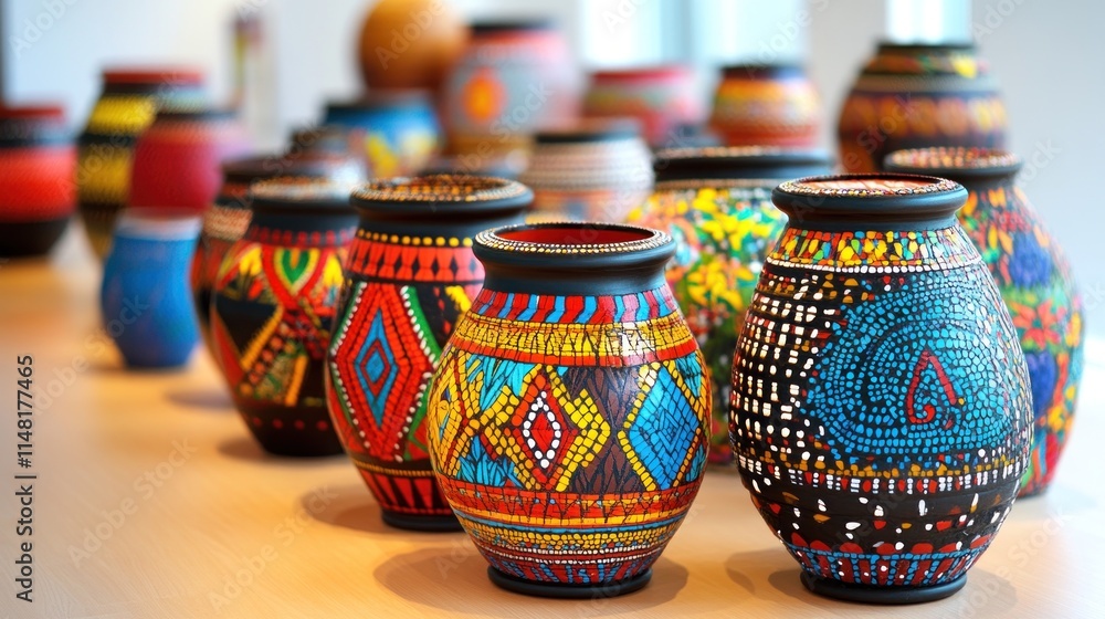 Colorful hand-painted ceramic vases displayed on a wooden surface. Colorful hand-painted ceramic vases displayed on a wooden surface.
