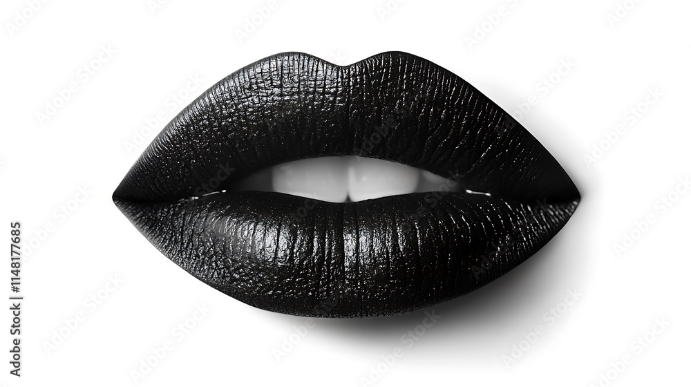 A close-up of lips with black lipstick and white teeth against white background. A close-up of lips with black lipstick and white teeth against white background.