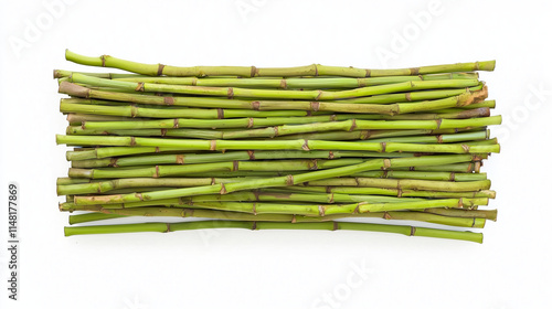 A bundle of thin green bamboo stems on a white background.. photo