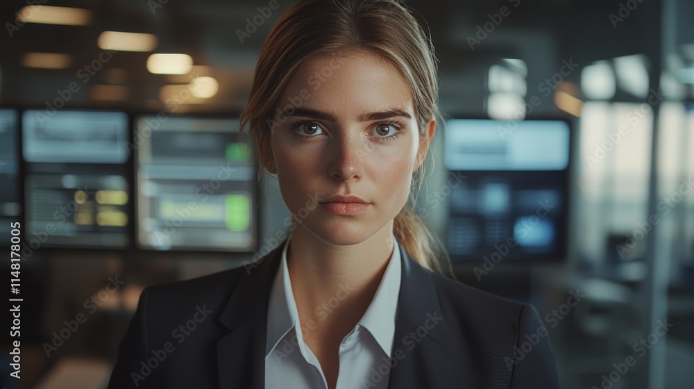 German Female with Interactive Screens in the Background German Female with Interactive Screens in the Background
