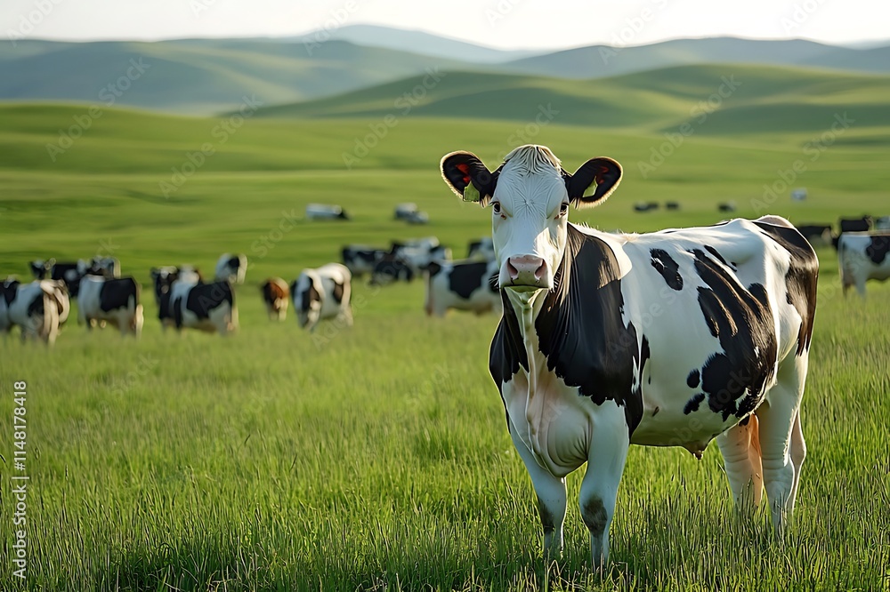A black and white cow stands in a lush green pasture, other cows graze in the background under a clear sky. A black and white cow stands in a lush green pasture, other cows graze in the background under a clear sky.