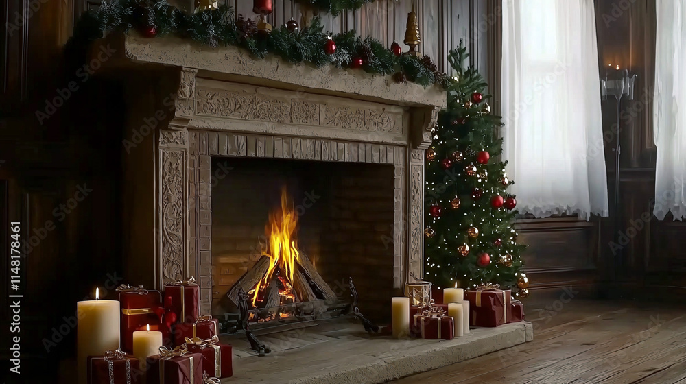 Fireplace with burning logs, Christmas tree and candles in a rustic setting.. Fireplace with burning logs, Christmas tree and candles in a rustic setting..