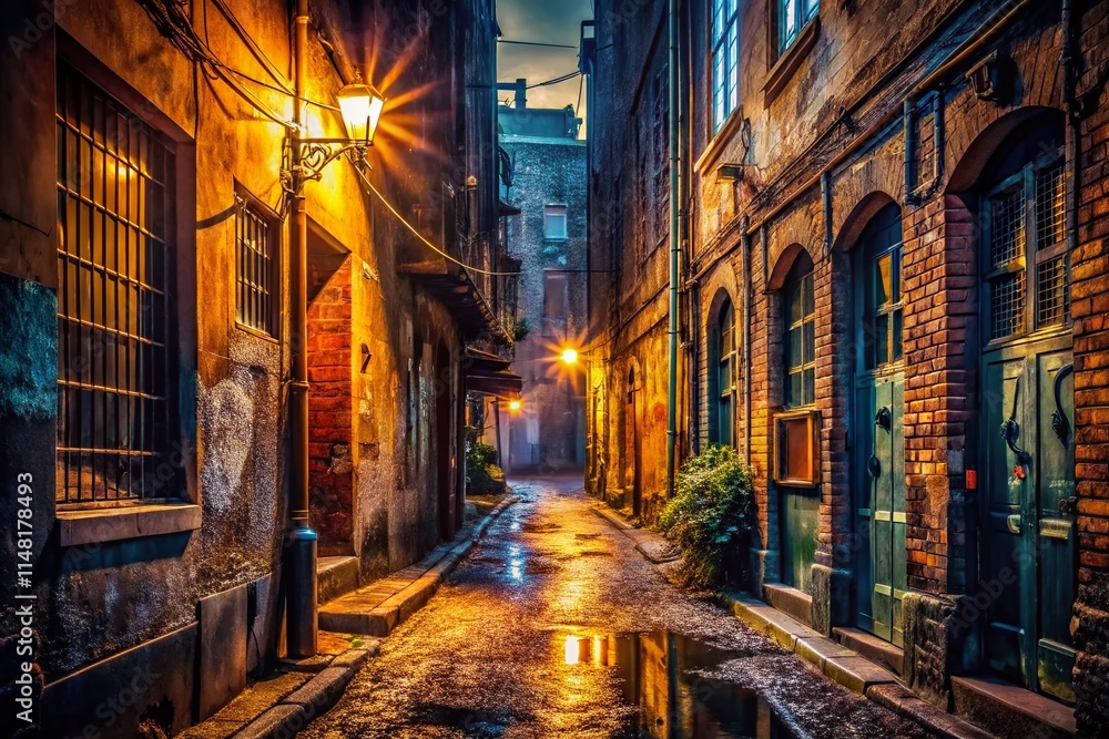 Fototapeta premium Low Light Urban Exploration Photography: Dark Alleyways, Gritty Cityscapes, Night Photography, Street Photography, Urban Decay, Atmospheric Photography, Mysterious Backstreets