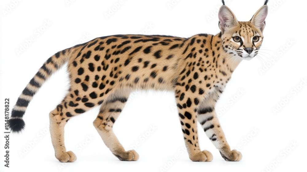 Serval Cat Walking Gracefully on White Background Serval Cat Walking Gracefully on White Background