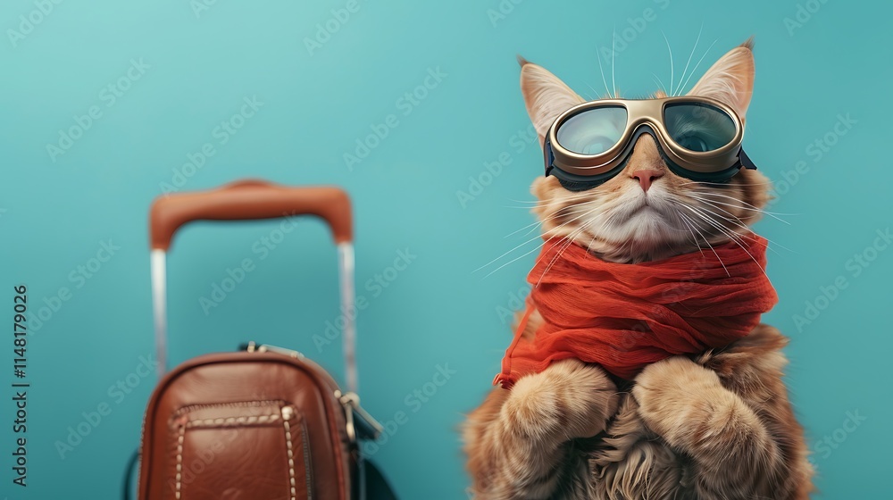 Fototapeta premium An outfitted cat in goggles is prepared for travel against a soft blue backdrop
