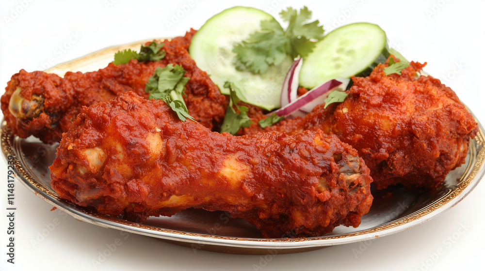 Spicy chicken drumsticks with cucumber and onions on a silver platter.. Spicy chicken drumsticks with cucumber and onions on a silver platter..