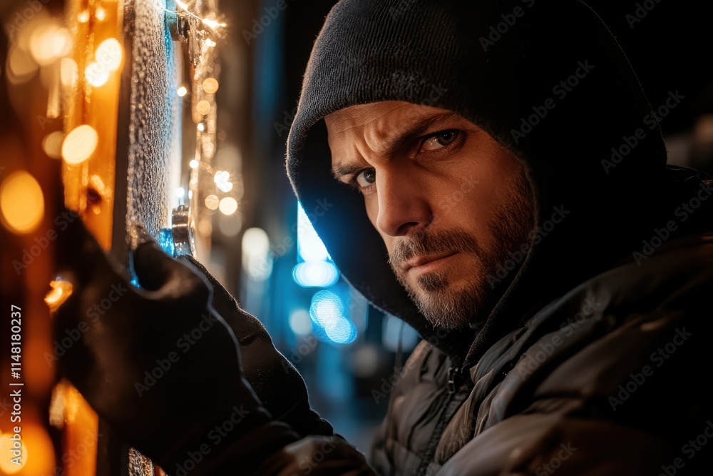 An intriguing thief glances cautiously near festive lights, blending the holiday atmosphere with a sense of danger, portraying the juxtaposition of celebration and criminal intent. An intriguing thief glances cautiously near festive lights, blending the holiday atmosphere with a sense of danger, portraying the juxtaposition of celebration and criminal intent.