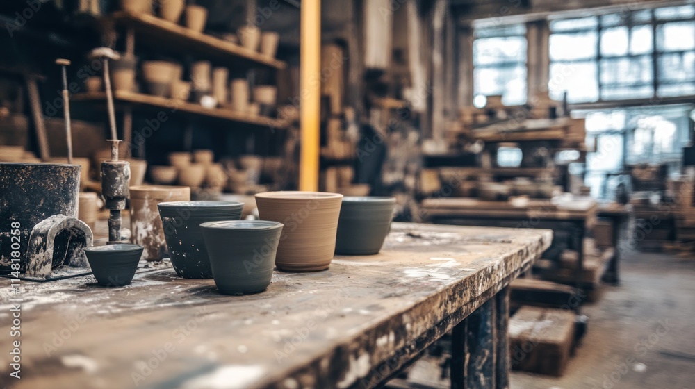 Pottery studio workbench with various sized clay cups and tools. Pottery studio workbench with various sized clay cups and tools.