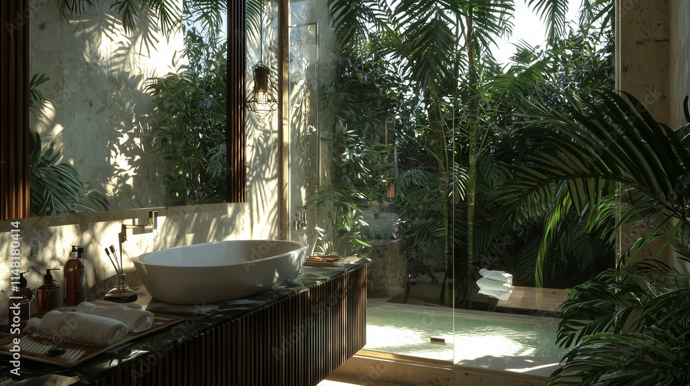 Tropical bathroom with large window overlooking lush greenery.. Tropical bathroom with large window overlooking lush greenery..