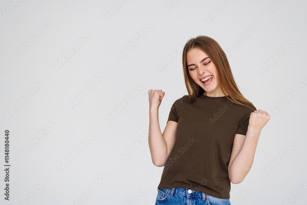 Hooray I did it. Successful woman jumping from happiness clench fists winning reward. Hooray I did it. Successful woman jumping from happiness clench fists winning reward.
