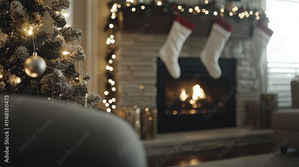 Obraz premium Christmas tree and fireplace with stockings hanging above.