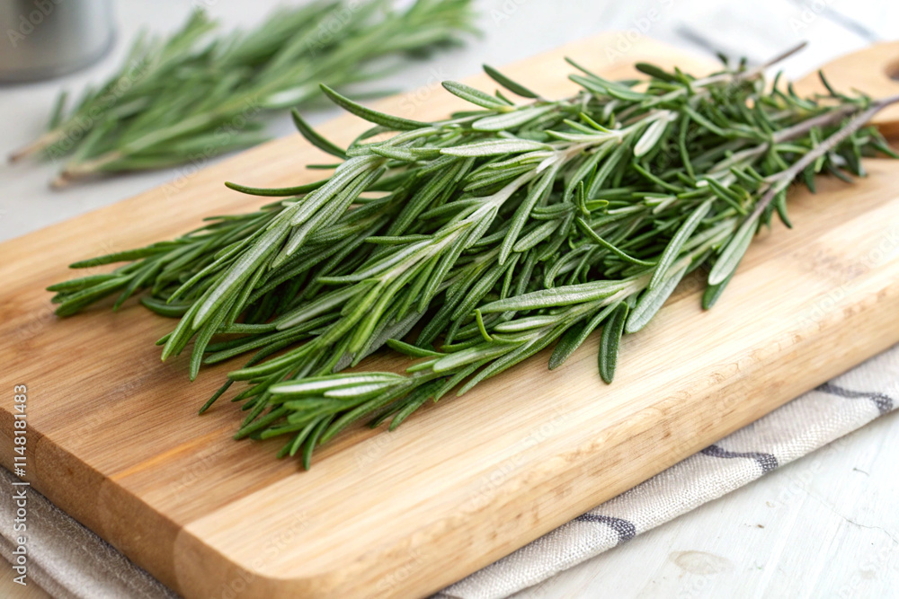 A bunch of freshly cut rosemary sprigs on a cutting board A bunch of freshly cut rosemary sprigs on a cutting board