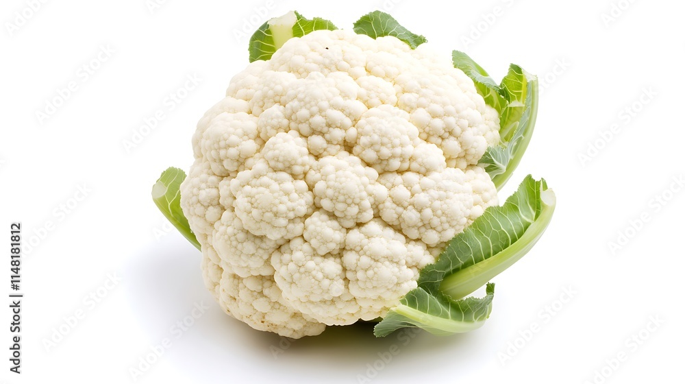 A white cauliflower sits centered on a plain background. A white cauliflower sits centered on a plain background.