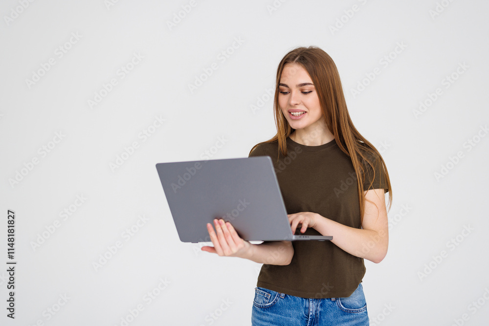 Portrait of happy woman holding laptop isolated over white background. Portrait of happy woman holding laptop isolated over white background.