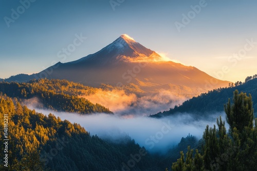 A tourist stands on a mountain and looks at the blue-green river in the Sulak Canyon on a sunny summer day. Dagestan. Beautiful simple AI generated image photo